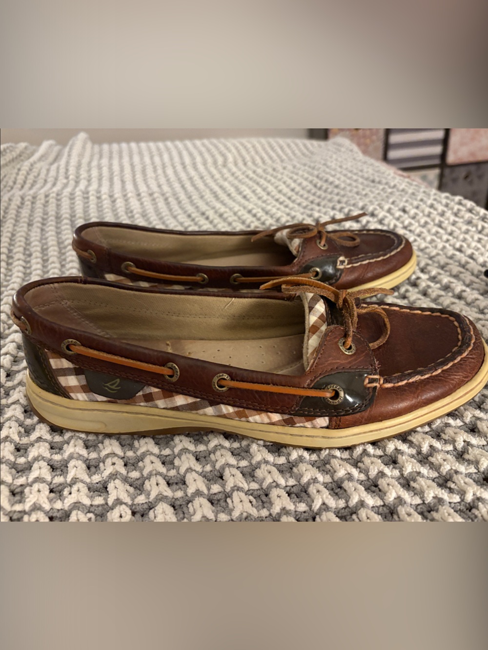 Sperry Brown Leather Boat Shoes with Plaid Side Detail